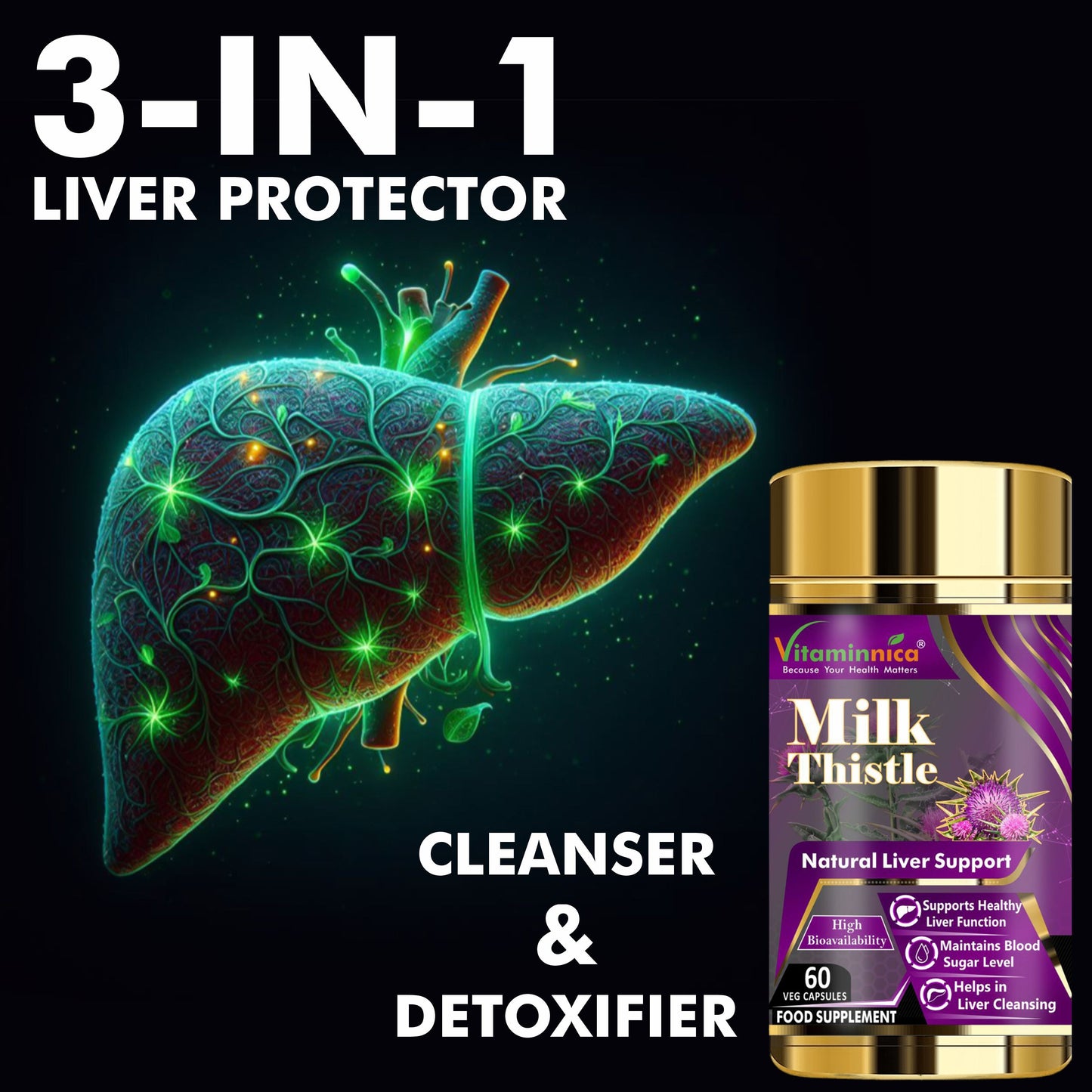 Vitaminnica Milk Thistle- Natural Liver Support- 60 Capsules