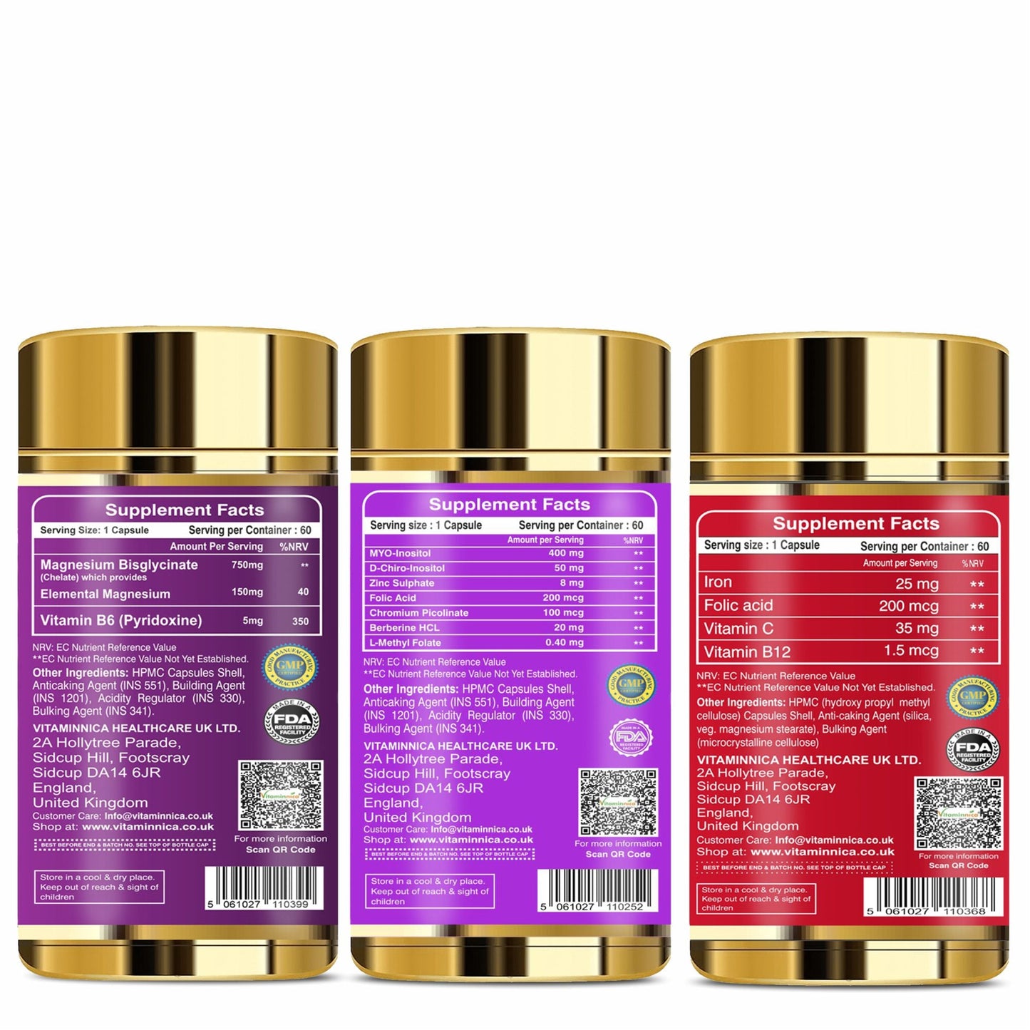 Women PCOS Care Bundle- Vitaminnica Magnesium Bisglycinate+ Her Health+ Iron+Folic Acid- 180 Capsules