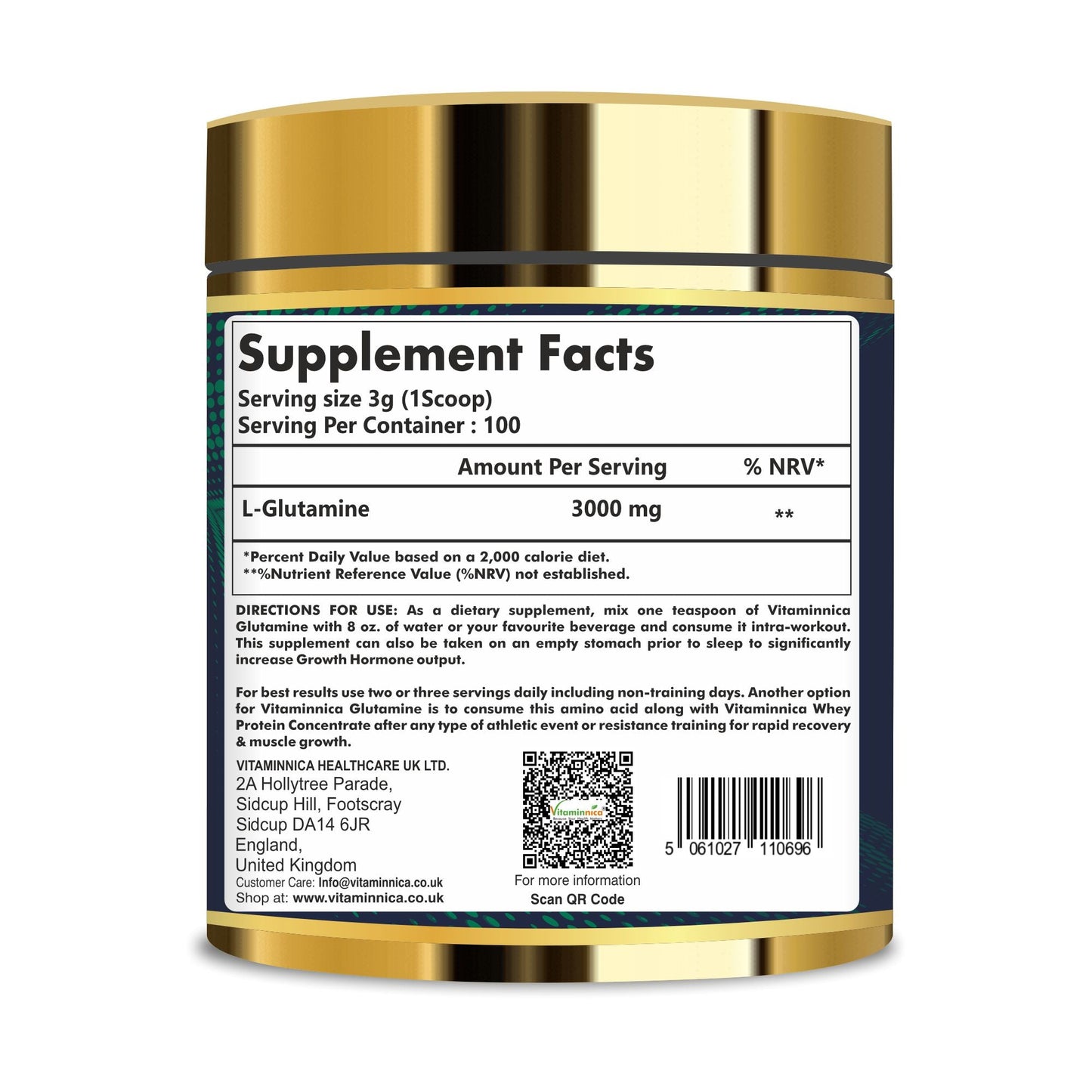 Vitaminnica Glutamine Powder- 100 Servings - Muscle Repair & Recovery | Unflavoured |