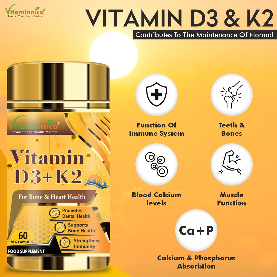 Vitaminnica Vitamin D3+K2 - Improves Bone Health- 60 Capsules
