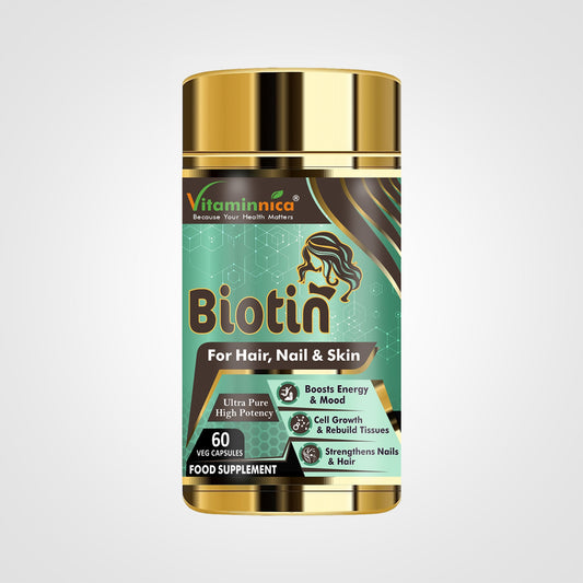 Picture featuring Vitaminnica Biotin supplement - Enhances Hair, Skin, and Nail Health - 60 Capsules